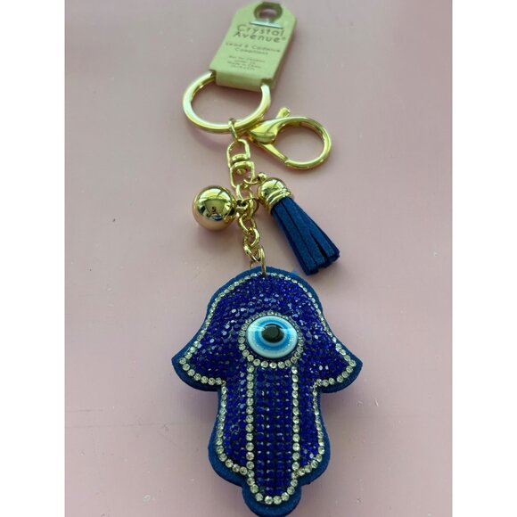 Hamsa Evil Eye Rhinestone Keychain With Tassel & Gold Tone Clip Blue & Gold Colo - Picture 2 of 4